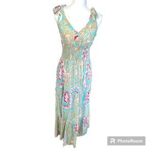 La Plage Tiered Ruffle Maxi Dress Block Print 100% Cotton Pockets Small